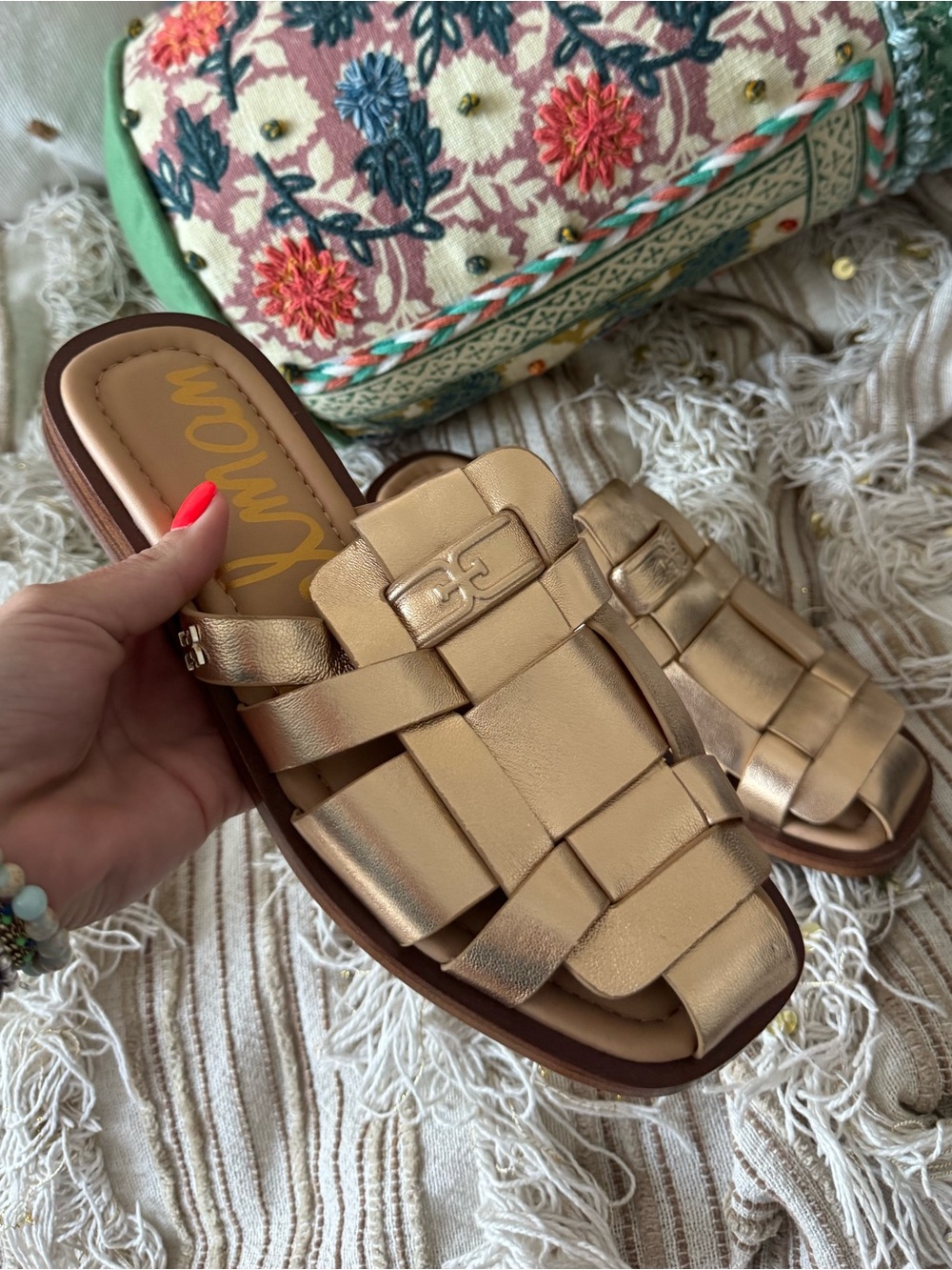 Sam Edelman Metallic Gold Woven Slide Mules